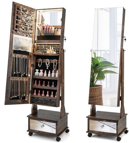COSTWAY Armoire à Bijoux sur Roulettes, Verrouillable, Organisateur de Bijoux sur Pieds avec Miroir Psyché sans Cadre, Miroir Intégré avec Lumières LED 3 Couleurs, Étagère Pliable (Marron)