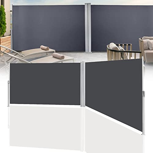 Tubiaz Ausziehbar Doppel Seitenmarkise 180x600cm, Blickdicht Sichtschutz, Windschutz, Sonnenschutz, Balkon Seitenrollo Markise, Ausziehbarer Sichtschutz Terrasse, Wandmarkise, Grau