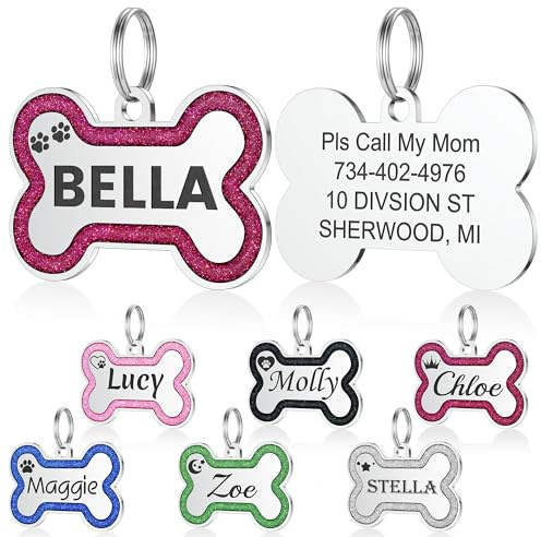 Hundemarke mit Gravur - YEHANTI Personalisierte Anhänger für kleine bis mittelgroße Hunde in Glitzerknochen - Edelstahl Hundemarke Personalisiert mit Name, Telefonnummer und Adresse (Rosa Rot, Große)