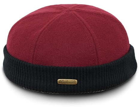 Sterkowski Navy Watch Dockermütze | 100% Wolle Hafenarbeitermütze für Herren und Damen | Wintermütze Fischermütze Wollmütze Ohne Schirm Matrosenmütze Docker Vintage Arbeitermütze Maroon/Schwarz 64 cm