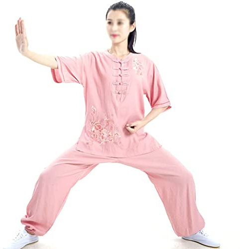 RWRAPS Woman Embroidered Taichi Uniform Kids Girls Kung Fu Suit Flower Short Sleeves Cotton Linen Martial Arts Uniform Wing Chun Taichi Clothing Set (Pink X)