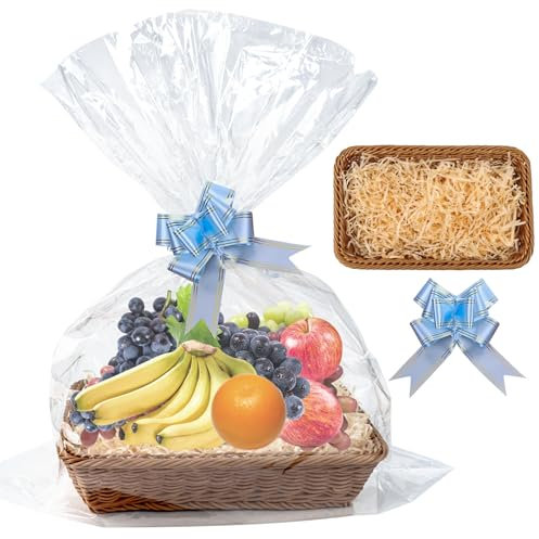NIXRET Kit de cesta de 35 x 25 cm, kit de cesta de regalo con 1 cesta de regalo, 3 lazos, 3 bolsas de celofán y 1 papel triturado para hacer cestas, Navidad, cumpleaños, boda, regalo de Pascua