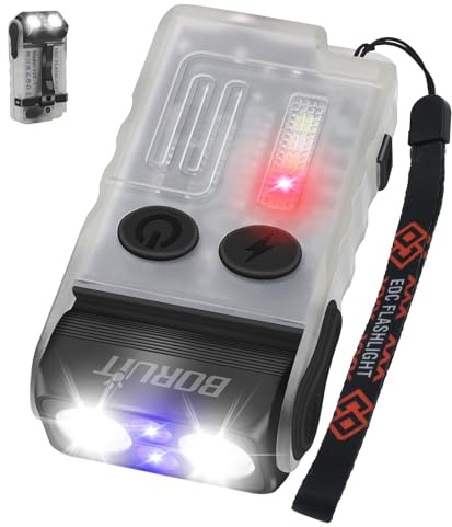 BORUIT V20 Mini Taschenlampen, 180° Drehbar Taschenlampe mit 365nm UV Licht, 110dB Buzzer Alarm, 1000 Lumen Super Hell mit 13 Modi, IP67 Wasserdicht, für Camping Wandern Notfa (weiß)