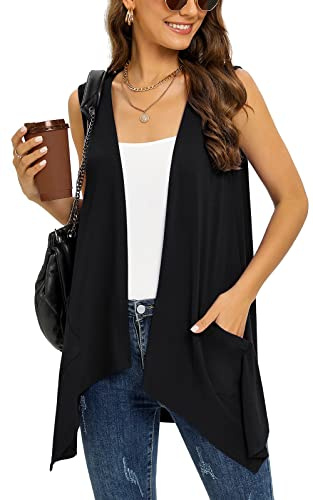 Wiwclo Cardigan senza maniche alla moda per le donne gilet leggero con tasche casual morbido maglia aperto davanti cardigan alto basso orlo, XXL