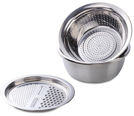 Buyer Star Rallador 3 en 1 colador de cocina, cuenco multifuncional de acero inoxidable, cesta de drenaje de cocina, de acero inoxidable, para ensalada, juego de cuencos para cortar verduras, frutas,