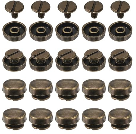 QUARKZMAN 20 Set Chiodi a Testa Piana Borchie 10mm Piedini Borse Lega Borsa Testa Chiodo Fibbia Piatta Bottone Rivetti Set Strumenti Fibbie Ruote Rotondo per Artigianato Pelle, Bronzo