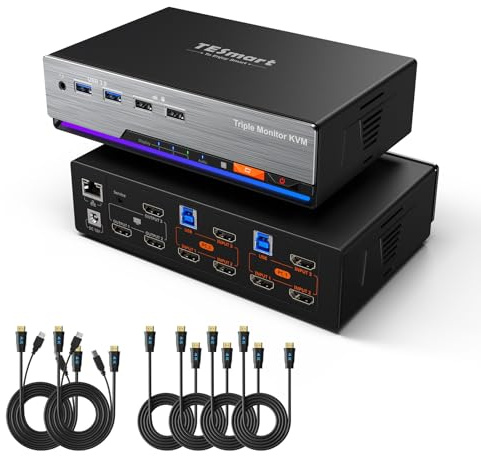 TESmart Conmutador KVM HDMI 3 monitores 2 computadoras, 4K @60HZ USB 3.0 triple monitor KVM Switch compatible con red Gigabit, emuladores EDID, auriculares, interruptor de tecla rápida, interruptor de
