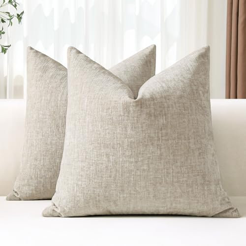 JOTOM Set of 2 Cushion Covers 50x50 cm Soft Chenille Beige Decorative Throw Pillow Covers 20x20 Inch Square Cushion Case Solid Pillowcases for Couch Sofa Living Room Bed Home Decor (Beige)
