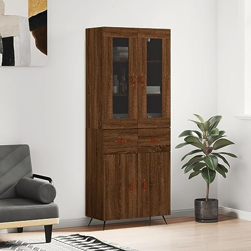 Generisch Sideboard 69,5x34x180cm Braun Eichenoptik Holzwerkstoff, Glas, Metall TV-Schrank Badschrank schmal Wohnzimmermöbel Vorratsschrank Allzweckschrank Barschrank