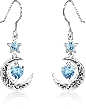 Qings Mond Ohrringe mit Geburtsstein Sterling Silber 925 Keltische Mondsichel und Stern Herz Geburtsstein Cubic Zirkonia Tropfen Ohrringe für Damen Mutter