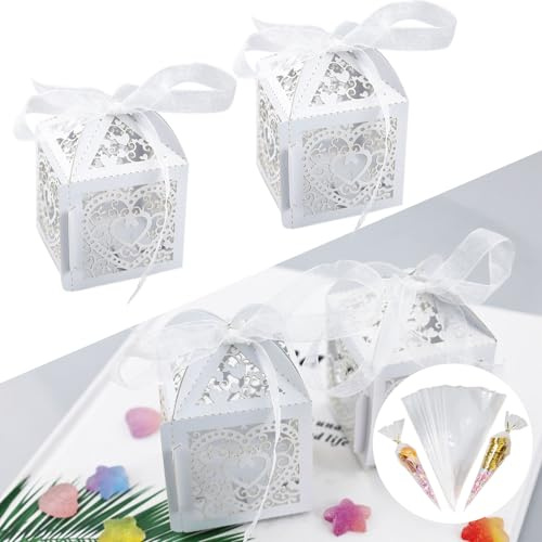 AMANDELIZABE 50 x weiße Gastgeschenke für Hochzeiten (5 x 5 x 7,5 cm) – Gastgeschenke für Hochzeiten mit Bändern & Stanzbeutel