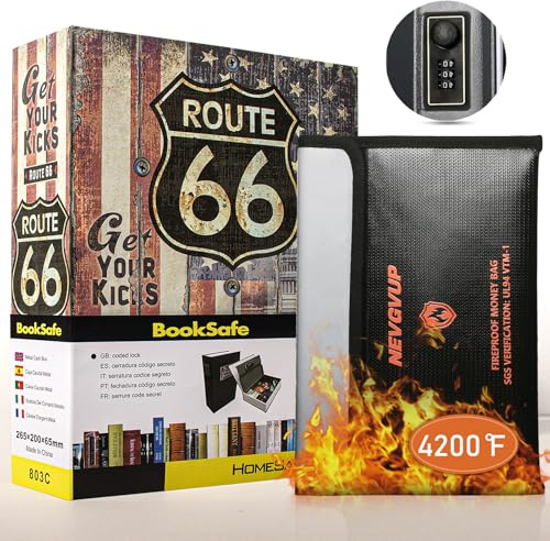 Umleitungsbuchtresor mit 2,315.6 °C feuerfester Geldtasche und Zahlenschloss, 26,7 x 20,1 x 6,3 cm, versteckter Aufbewahrungs-Safe, hohl, geheim, tragbare Metall-Aufbewahrungsbox für Bargeld,