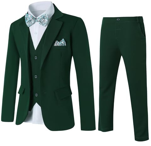 Amissz Traje de Niños 5 Piezas Clásico Slim Fit Traje de Boda Conjunto Caballero Esmoquin Chaqueta Abrigo + Chaleco + Blusas + Pajarita + Pantalones Niños Bautizo Traje 8-9 ANS, Verde