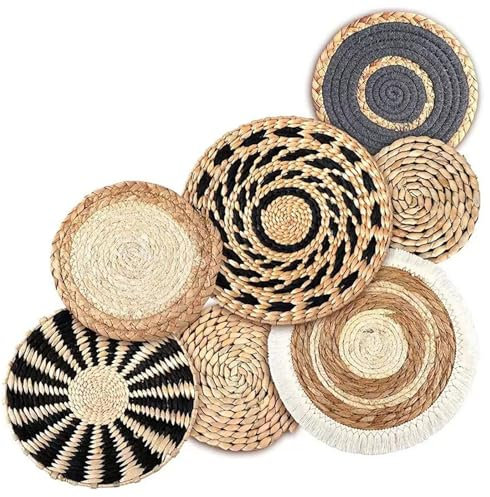 Porgeel 7pcs Decoración de pared tejida redonda Rattan flor de boho decoración de cesta de pared rústica natural decoración de la pared boho