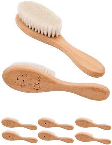 wunderwunsch® - Babyhaarbürste, Haarbürste Baby, Baby Kamm, Haarbürste personalisiert, Kinder Haarbürste, Babygeschenk Mädchen, Bürste Tiermotiv (Katze)