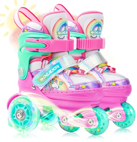 Kinder Einhorn Rollschuhe für Mädchen.Geeignet für 3-6 Jahre alt. 4-Pejiijar Verstellbar Anfänger Quad Roller Skates für Weihnachts und Geburtstags Geschenke