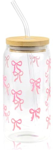 Hojalis Pink Bow Glass Cup Set, Bow Cups with Lid and Straw, 16oz Iced Coffee Cup, Aesthetic Gifts for Women Girls Friends, Glass Drinking Cup for Bubble Tea Coffee Cocktail
