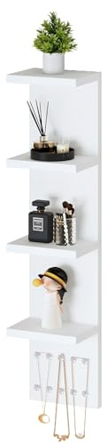 LitaEther 4 Tier White Lack Shelf Vanity Wall Shelf with 10 Crystal Hooks - Multi-Functional Storage for Makeup, Jewelry, Plants, Awards & Display (L7.1 x W5.5 x H30.7) (1)