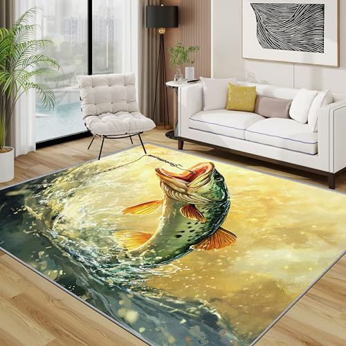 Generisch Fisch Teppich Waschbar, Angeln Marine Teppich 80x150 cm, Meerestiere rutschfest Waschbar Pflegeleicht Teppiche Für Schlafzimmer Küche, Golden