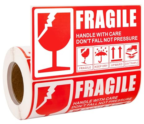 Etiquetas Adhesivas Frágil, 300 Pegatinas Rojas de Advertencia de 13 x 7 cm FRAGILE HANDLE WITH CARE Calcomanías de envío con cuidado, artículo frágil, Proteger paquetes, embalaje