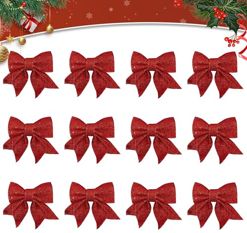 Yilnlg 12Pcs Large Red Glitter Bows for Christmas Tree Decorations, 4.7x5.9 Inch Christmas Tree Wreaths Glitter Red Foam Bows, Glitter Decorative Bow for Xmas Tree Wreaths Decorations