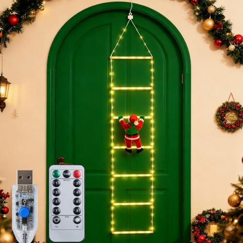 Qoosea LED Weihnachtsmann Leiter Lichterkette, 1.7M Leiter Weihnachtslichterkette USB mit Timer, 8 Modi Weihnachtsbeleuchtung für Innen, Außen, Weihnachtsbaum, Fenster, Balkon, Garten Weihnachtsdeko