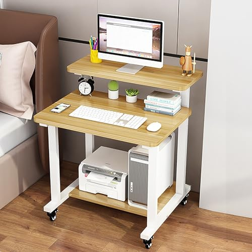 Bureau d'ordinateur à roulettes à 3 niveaux avec support de moniteur, table d'ordinateur portable mobile et étagères de rangement pour petits espaces, finition noyer clair, design compact, parfait