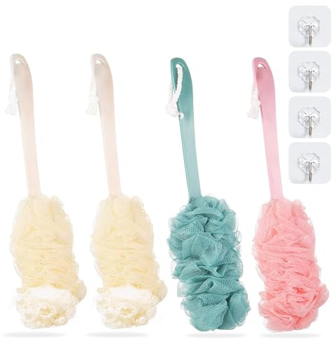 Duschsvamp med handtag, 4 stycken nätbadborste, duschborste, badsvamp, duschborste med långt handtag, med 4 krokar, för rygg, badtvätt peeling massage svampborstar