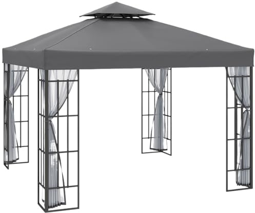 Pop Up Tonnelle Pavillon de Jardin 3 x m avec Toit à Deux Niveaux et moustiquaire, Structure en Acier