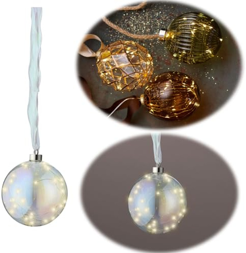 LS-LebenStil Deko XL Glas Lichtkugel 30 LED 14cm Iris Regenbogen Band Timer Batterie Leuchtkugel innen zum Anhängen Weihnachtsdeko Weihnachtskugel Weihnachtsbeleuchtung Fensterdeko Batteriebetrieben