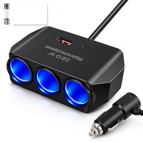 120W Fast Car Charger Adapter, Car 12V Multi Socket Cigarette Lighter Splitter with USB Ports, Car Cigarette Lighter Multi Socket Adapter for 12V 24V Vehicles, Dash Cam, Phone and In Car Devices