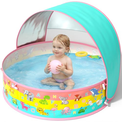 Baby Planschbecken mit Dach, Pop-Up Strandmuschel Baby UV Schutz 50+ mit Aufbewahrungstasche, 4 in 1 Portabler Baby Pool mit Sonnenschutz, Sommer Must-Haves für Strand, Urlaub, Camping und Picknick
