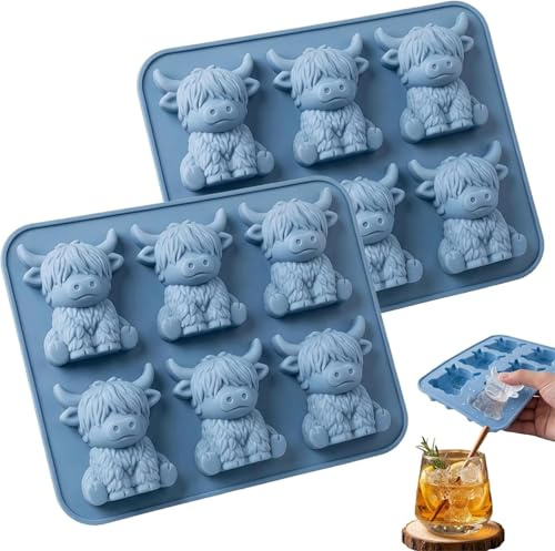 2 st mini Highland Cow iskubsform, Highland Cow iskubsbricka, 3D söt nötkreatur silikon iskubsform för whisky, cocktails, öl, drycker, återanvändbar lantbruksdjur isform gåvor