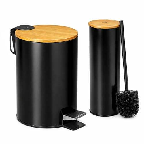 TIENDA EURASIA – Set de Baño Papelera 3L + Escobillero | Metal con Tapa de Bambú | Cubo Interior Extraíble | Papelera con Pedal y Asa para Transportar | Diseño Moderno | para Baño (Negro)