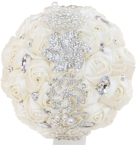 Bouquet da sposa per matrimonio, bouquet di fiori in raso per sposa con strass e perle, realizzato a mano, bouquet di rose bianche in seta bianca per damigella d'onore, diametro 18 cm, decorazione per