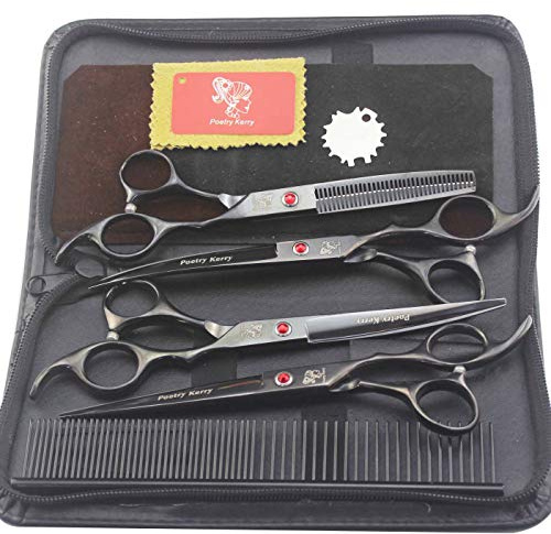 JEISENYU Haustier-Pflege-Scheren-Set, professionell, 4-teilig, 7 Zoll, Edelstahl, Haustierpflege, Haarpflege für Hund und Katze mit gebogener Effilierschere und Stahl-Pflegekamm-Set