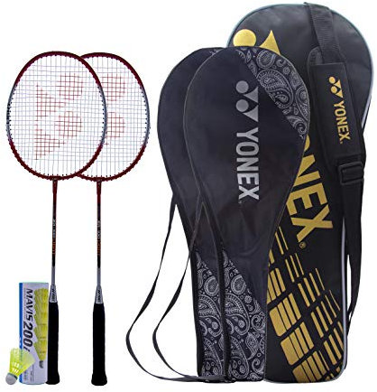 Yonex ZR 100 Light Badminton Kitbag Combo (Set mit 2 Yonex ZR 100 Light Badmintonschläger mit Vollabdeckung, rot/rot + Mavis 200I Federball, 6 Stück, 2 Etech Grip + Sunr 1815 Black Kitbag)