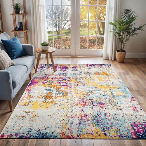 Livabliss Moroni Wohnzimmer Modern – Abstrakt Design in Marmor Optik für Wohnzimmer 160x220 cm, Esszimmer, Schlafzimmer – Marmor Look, weicher Kurzflor in Weiß, Safran, Rosa, Blau