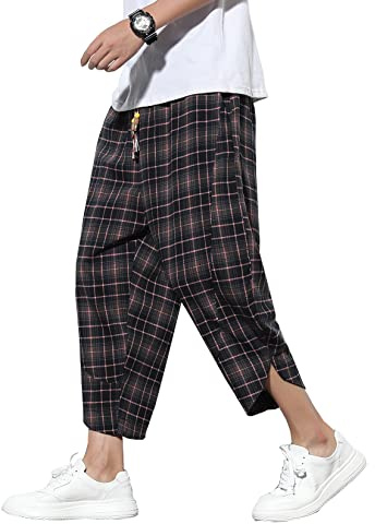 DOSLAVIDA Pantalones capri casuales de lino con cintura elástica para hombre, pierna ancha, holgados, de algodón, tipo harén, pantalones de yoga sueltos, pantalones cortos de patchwork, a cuadros