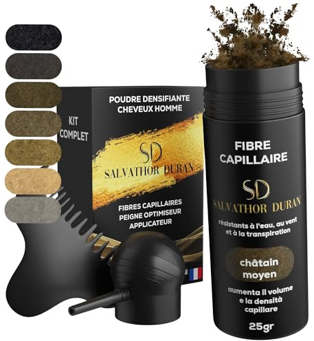Streuhaar Salvathor Duran 25 g – 3er Set (Hair Fiber + Applicator + Kamm) | Hair Fiber Spray & Thick Fiber für sofortige Haarverdichtung (Mittelbraun)