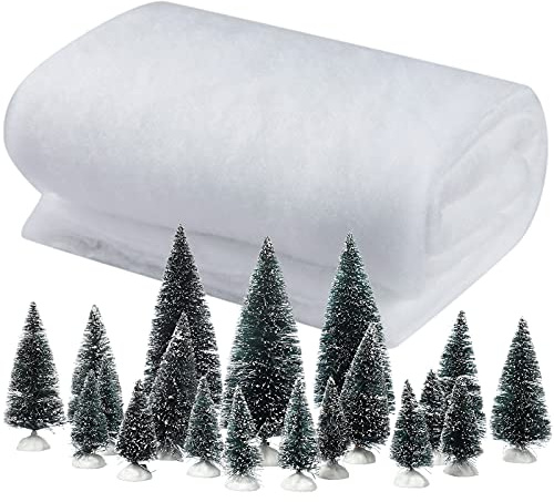 Threan 40 x 60 Zoll Weihnachten Schnee Decke Rolle und 19 Stücke Mini Sisal Bäume Flasche Bürste Baum Weiße Dicke Schnee Abdeckung mit Miniatur Weihnachtsbäume für Handwerk Dorf Anzeigen