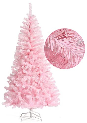 COSTWAY 150 cm Árbol de Navidad Rosa, Árbol de Navidad Frondoso con Purpurina Coloreada, 290 Ramas, 100% Nuevo PVC, Base Plegable de Metal, Casa y Locales Comerciales (150cm)