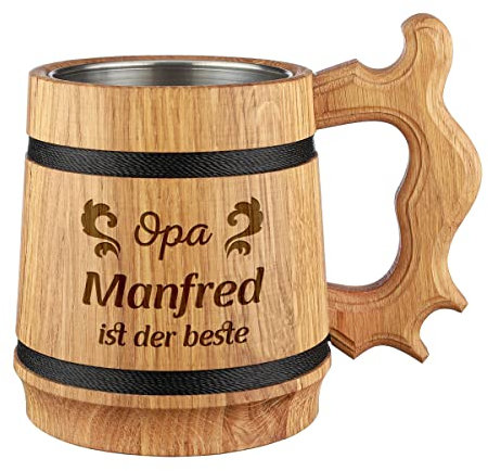 polar-effekt Chope à bière en Bois véritable avec Gravure Personnalisable - 500 ML - Vol. - 19,5 cm - pour Anniversaire, Noël, jubilé - Motif Grand-père est Une légende