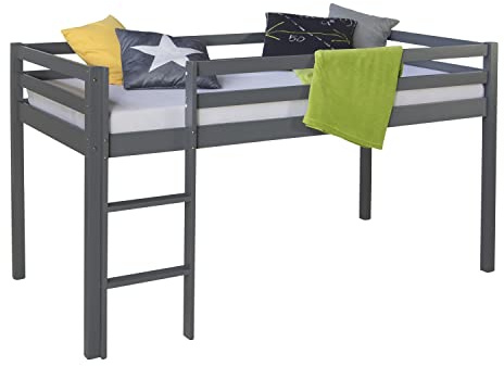 Homestyle4u Kinderbett 90x200 Grau - Hochbett mit Treppe & Matratze | Massivholz Kiefer Bettgestell inkl. Lattenrost für Jungen & Mädchen, stabiles Jugendbett mit Absturzsicherung Grau