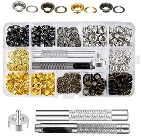 Set di occhielli, kit di strumenti per occhielli - 400 pezzi, pinze per occhielli, rondelle per occhielli in metallo, kit di strumenti per occhielli da 5 mm per scarpe, borse in pelle (4 colori)