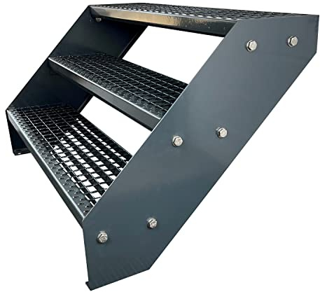 Premium Caillebotis acier Escalier à limon 3 Marches Entièrement galvanisé et Anthracite Revêtu par poudre - Dimensions (L x l x H) 63cm x 140cm x 57cm