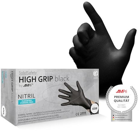 AMPri High Grip SolidSafety Gants jetables en nitrile 100 pièces/boîte, taille S, noir, gants de protection de travail extra adhérents et résistants aux produits chimiques dans les tailles S, M, L,