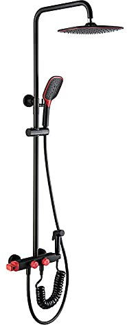 Système de douche à effet pluie thermostatique Ensemble combiné de douche noir et rouge Ensemble de robinet de douche de salle de bain mural avec pommeau de douche, douchette, bec de baignoire,