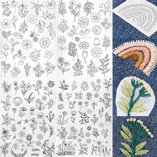 WZHHDM Wasserlöslicher Stabilisator, 200Stück Stickvorlagen, Stickbilder auf Stickvlies Wasserlöslich für DIY Handnähliebhaber Stickerei Handnähen (Blume)