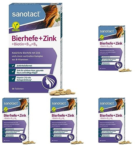 sanotact Bierhefe + Zink • 60 Tabletten Haut Haare Nägel Vegan • Haar Vitamine mit Bierhefe, Zink, Biotin, B12, B6 • Hochwirksame Intensiv-Schönheitsformel (Packung mit 5)